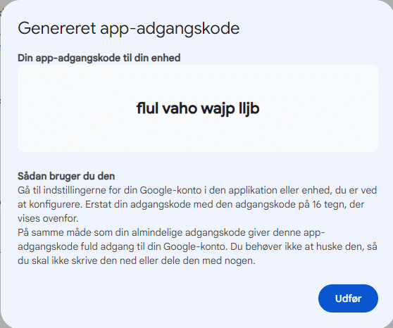 google-apps3 En skærm med teksten 'generer app adgangskode'.