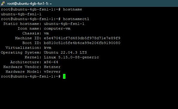 hostname1 Et indledende punkter af en computerserver skærmbillede.