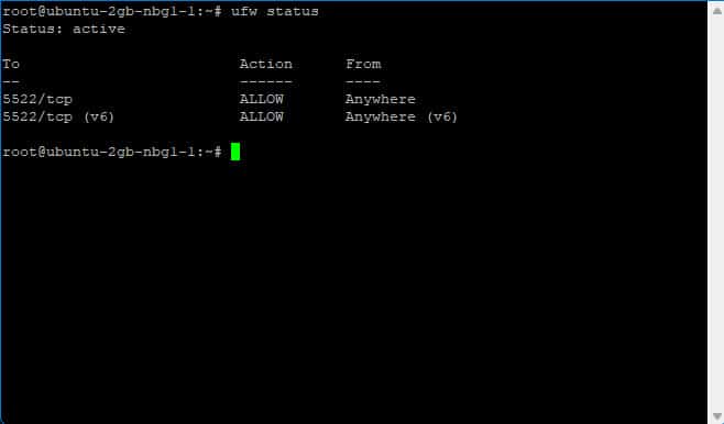 fail2ban-1-2 Firewall-status aktiv, tillader indgående tcp-trafik på port 5522 fra enhver kilde.