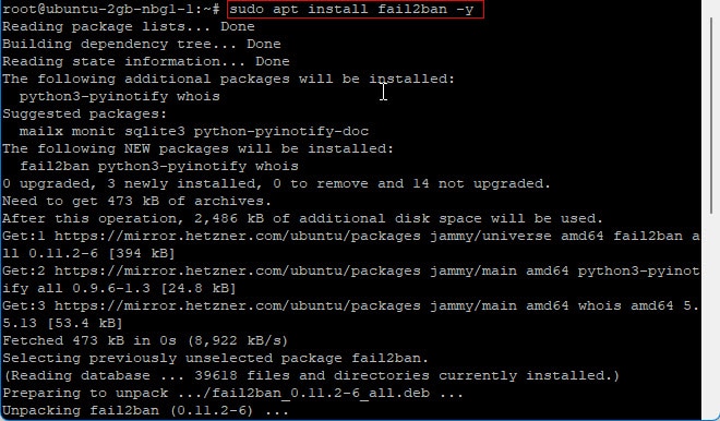 fail2ban-2-1 Terminalvindue, der viser installationsprocessen af version 2 af Fail2ban-softwaren på et linux-baseret operativsystem, der bruger apt-pakkehåndteringen med sudo-rettigheder.