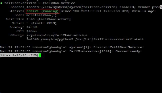 fail2ban-3 Skærmbillede af en computerterminal, der viser status for Fail2ban version 2-tjenesten, hvilket indikerer, at den er aktiv og kører af sikkerhedsmæssige årsager.