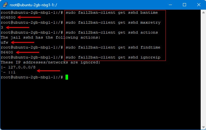 fail2ban-5 Terminalvindue, der viser kommandolinje-interaktioner med Fail2ban-tjenesten på et Ubuntu-system.