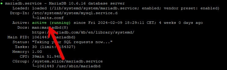 sql00 Et skærmbillede af en computer med en rød pil, der peger på MariaDB.