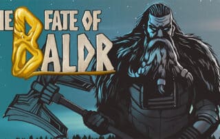 Illustration af en nordisk kriger med titlen "Baldrs skæbne," udvikler fremvisning.