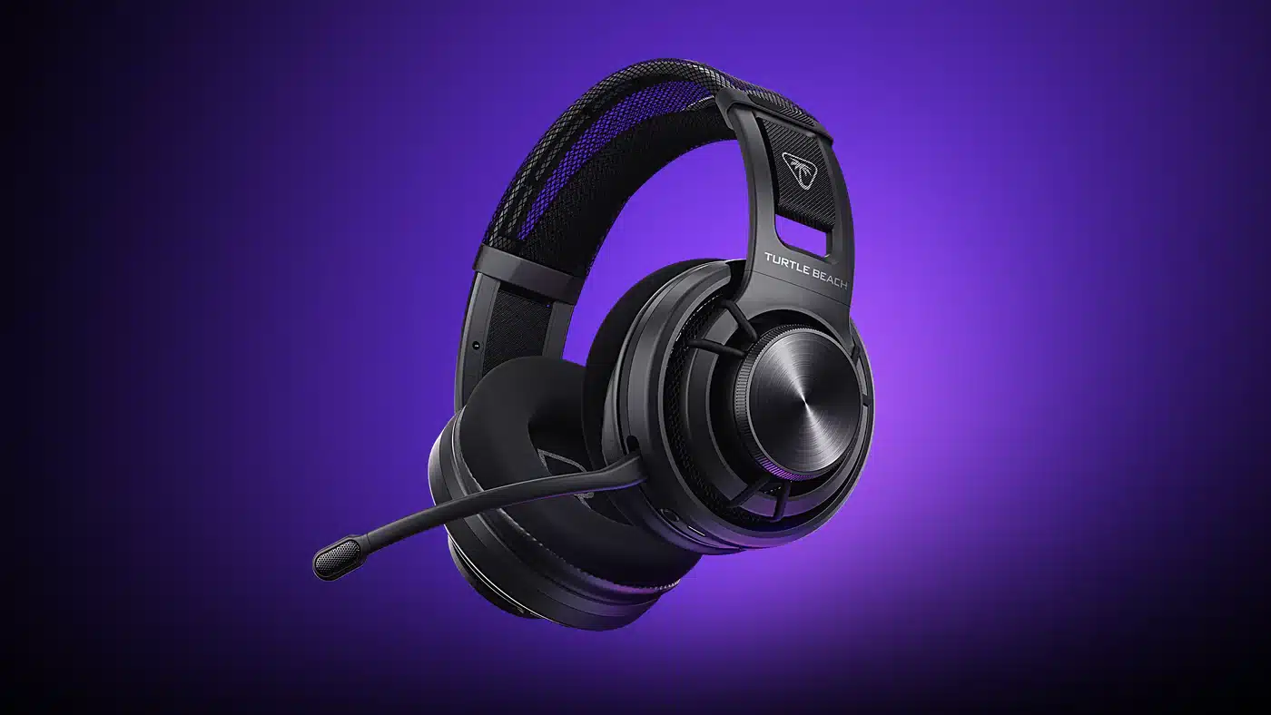 Turtle Beach AtlasAir Turtle Beach sort gaming headset med mikrofon på en lilla baggrund.