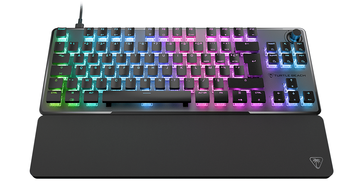 vulcan-ii-tkl-pro-keyboard1 Et Turtle Beach-gamingtastatur med flerfarvede baggrundsbelyste taster og en påsat håndledsstøtte.