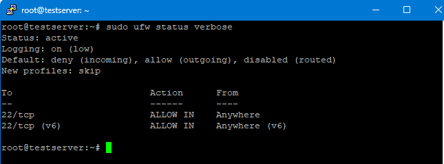 ufw12 Skærmbillede af en computerterminal, der viser ufw firewall-regler med indstillinger, der viser "status: aktiv" og nogle regler, der tillader tcp på port 22.