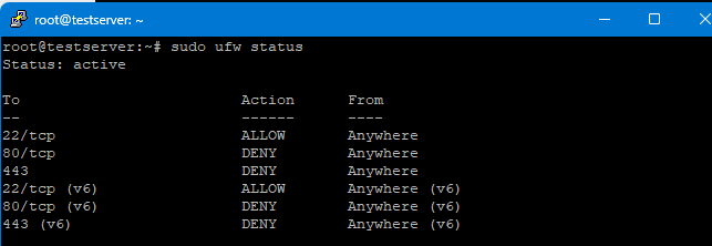 ufw15 Terminalskærm, der viser output fra en "sudo ufw status"-kommando, der viser firewallregler med tillad- og afvisningsstatusser for forskellige porte.