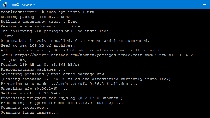 ufw2 Et skærmbillede af en kommandolinjegrænseflade, hvor en bruger installerer "UFW"-firewallsoftwaren på en Ubuntu-server, der viser proceslogfilerne og installationsfremskridtet.