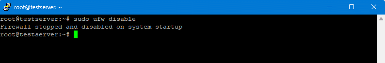ufw4 Kommandolinjegrænseflade, der viser en bruger, der deaktiverer UFW på et Ubuntu-system, og viser bekræftelse på, at firewallen er stoppet og deaktiveret ved systemstart.