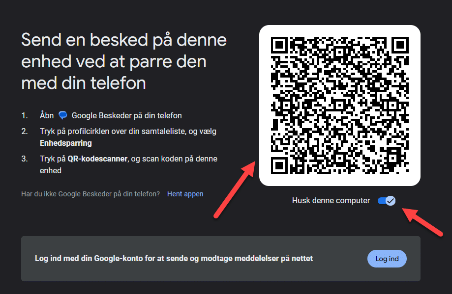 mobil1 En skærm viser instruktioner til at parre din Android-enhed med Google Beskeder ved hjælp af en telefon, en stor QR-kode og et afkrydsningsfelt mærket "Husk denne computer." En knap til at logge ind med en Google-konto er nederst for ekstra bekvemmelighed, når du administrerer sms-beskeder på din pc.