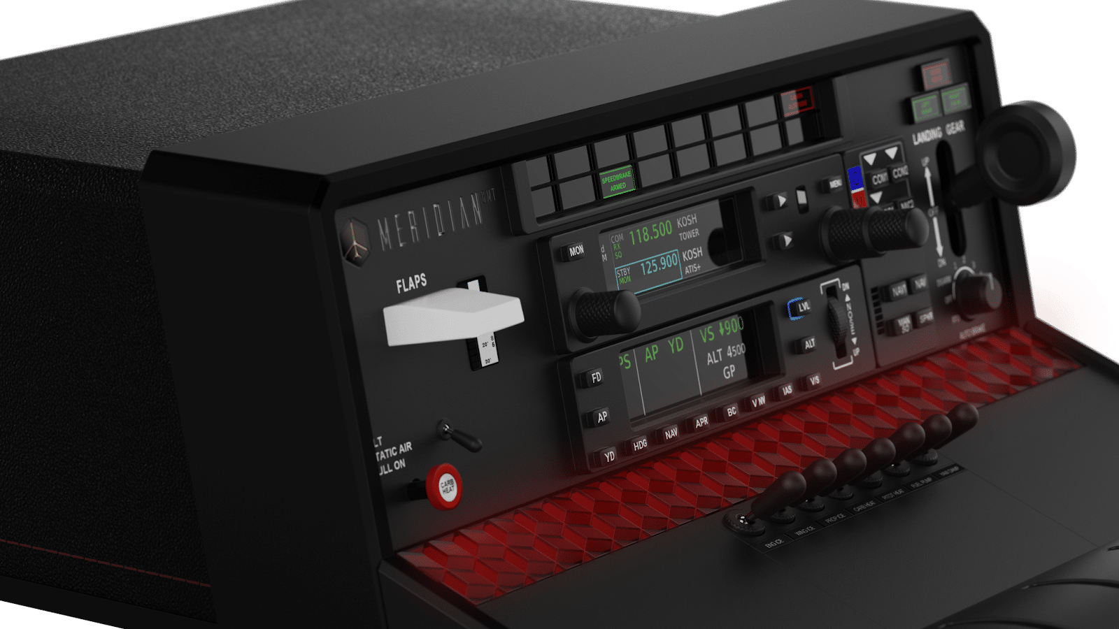 Nærbillede af et flysimulatorkontrolpanel med forskellige kontakter, urskiver og digitale displays, inklusive en “FLAPS”-knap og røde lysindikatorer. Det slanke design ligner det innovative layout af en Tango Plus-grænseflade. Nærbillede af et flysimulatorkontrolpanel med forskellige kontakter, urskiver og digitale displays, inklusive en "FLAPS"-knap og røde lysindikatorer. Det slanke design ligner det innovative layout af en Tango Plus-grænseflade.